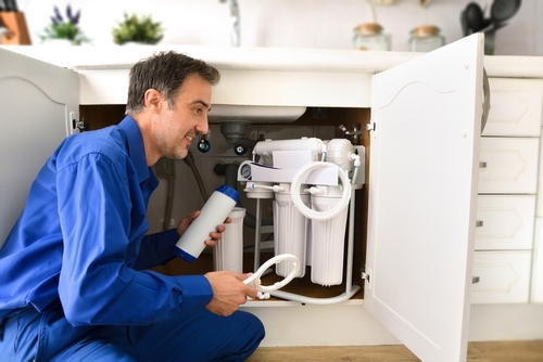 Licensed plumbing professional using specialized equipment for backflow testing